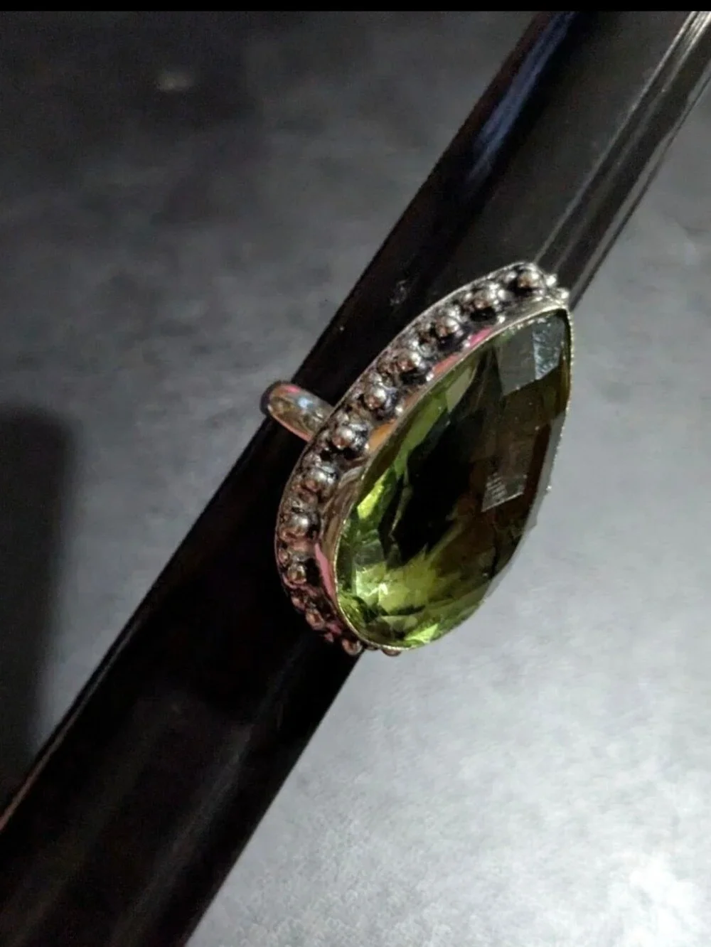 Handcrafted Green Amethyst Oversized Faceted Teardrop Ring  (7)